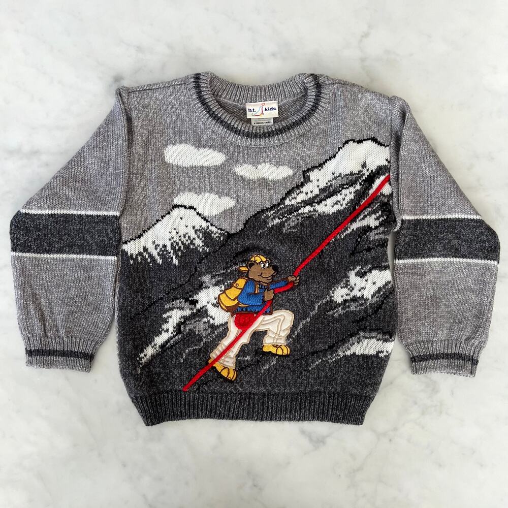 Vintage Kids' Bear Mountain Climbing Knit Pullover Sweater / Size 4 Toddler